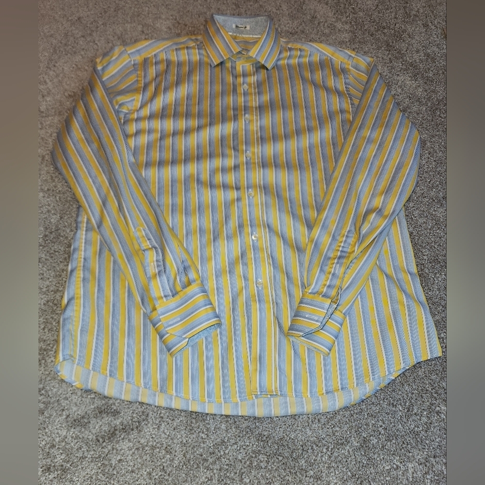 Bugatchi Yellow And‎ Blue LS Dress Shirt No Size